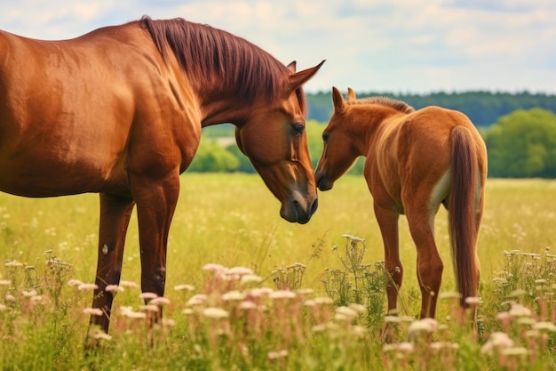 Un cheval et un poulain se reniflent le nez dans un champ.