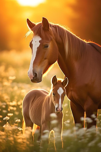 un cheval et un poulain sont debout dans un champ