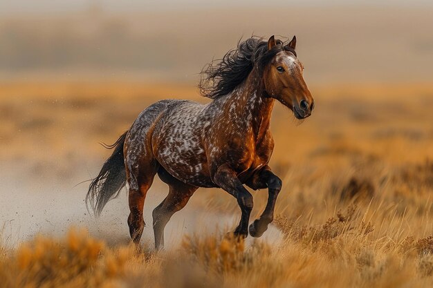 Un cheval puissant galope à travers le champ sa crinière et sa queue coulant dans le vent