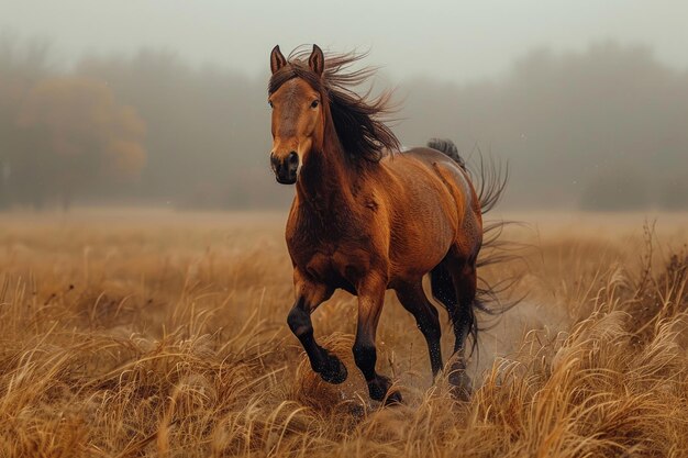 Un cheval puissant galope à travers le champ sa crinière et sa queue coulant dans le vent