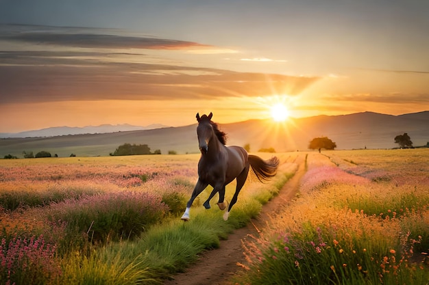 Un cheval qui court dans un champ au coucher du soleil