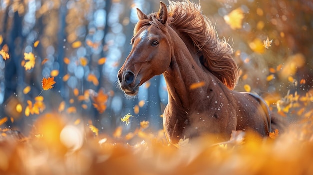 Un cheval qui court dans un champ de feuilles