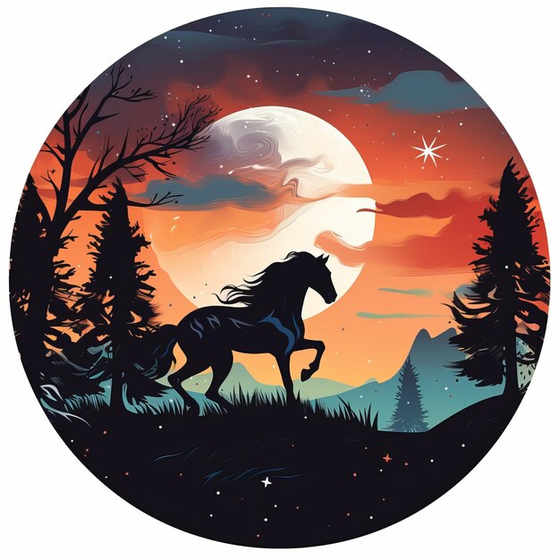 un cheval qui court dans la forêt la nuit avec une pleine lune en arrière-plan