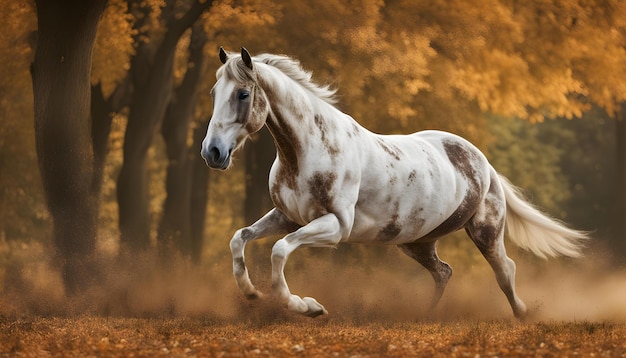 un cheval qui court dans la forêt - photo