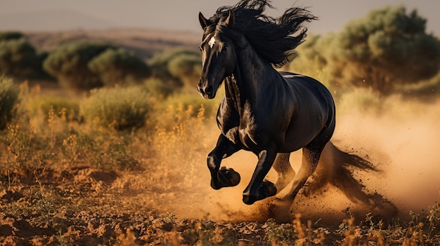 un cheval qui court dans la terre avec la tête en l'air