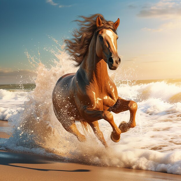 Photo un cheval qui court sur la plage à travers l'eau illustration 3d