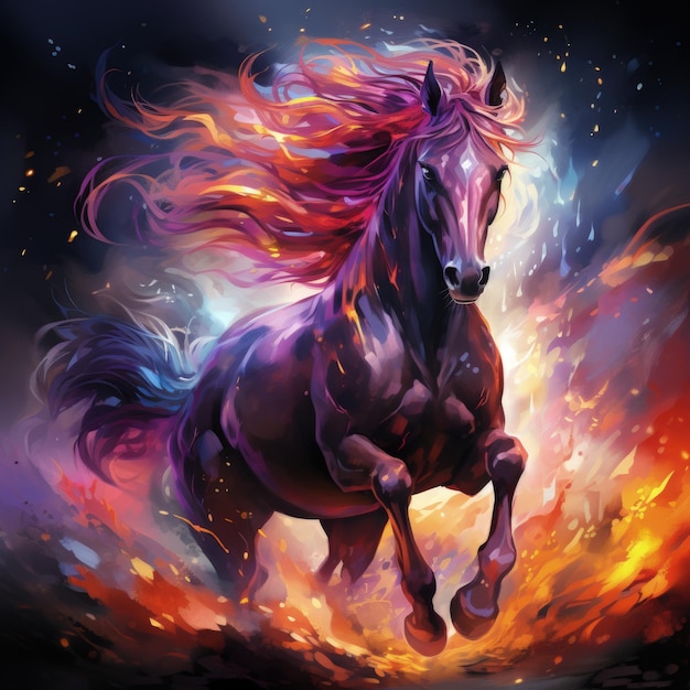 Un cheval qui est coloré en violet avec des couleurs éclatantes