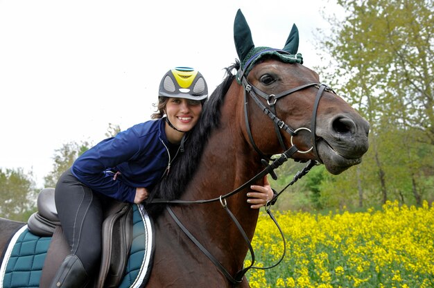 Cheval de race pure avec un cavalier sur un champ de colza