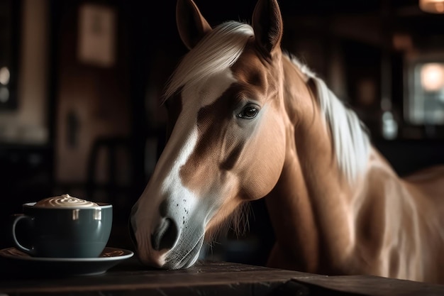 Cheval avec un regard endormi tenant Vanilla Latte Generative AI