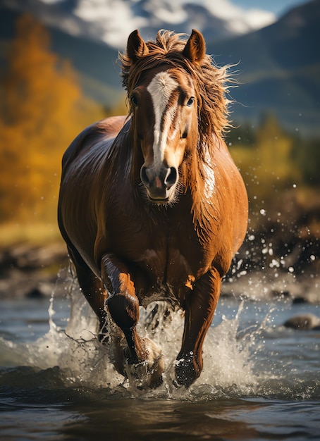 Photo un cheval sauvage courant dans le ruisseau animaux sauvages ou de la ferme