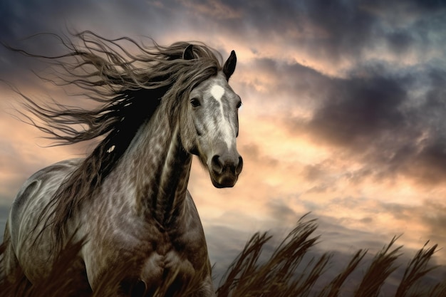 Cheval sauvage avec une crinière balayée par le vent contre un ciel dramatique créé avec une IA générative