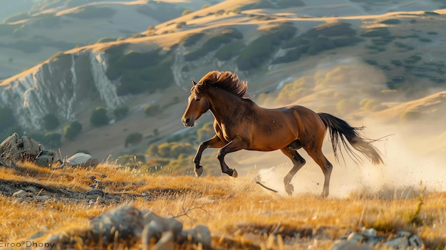 Photo le cheval sauvage qui court librement dans les montagnes est un symbole de liberté, d'aventure et d'esprit indomable.