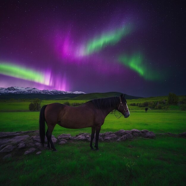 Photo un cheval se tient dans un champ avec l'aurore en arrière-plan