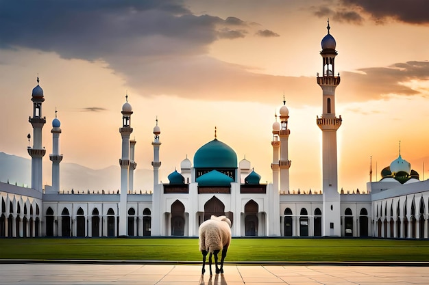 Un cheval se tient devant une mosquée au coucher du soleil