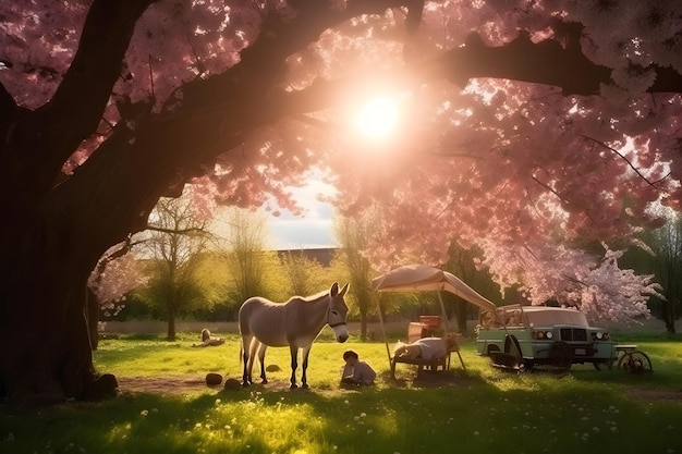 Photo un cheval se tient sous un arbre avec un auvent rose