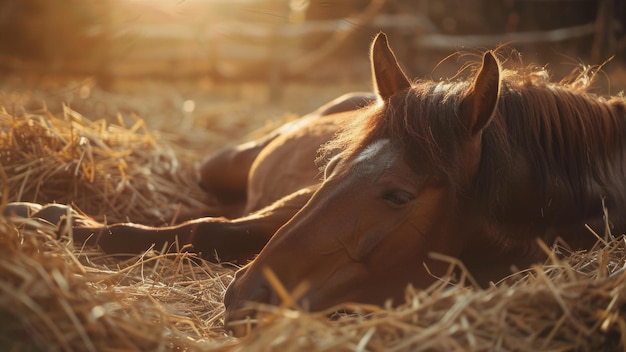Un cheval serein allongé dans la paille dorée se réchauffe dans la chaude lumière du coucher de soleil