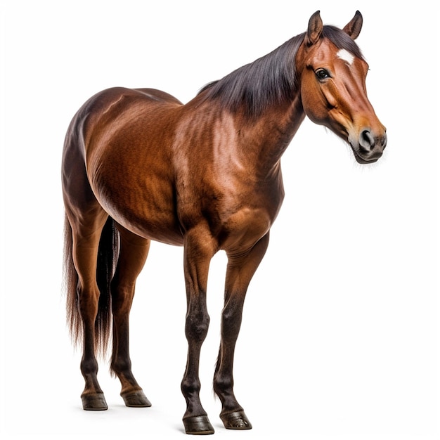 Un cheval avec une tache blanche sur la tête se tient devant un fond blanc.