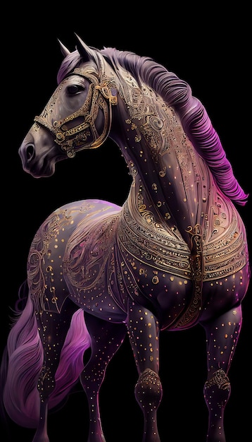 Un cheval avec une tête violette et des cheveux violets et des cheveux violets.