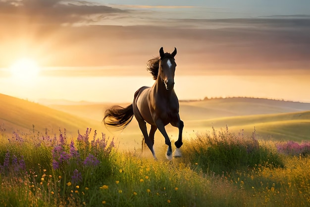 Un cheval traverse un champ de fleurs.