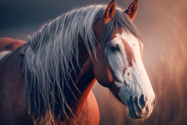 Un cheval avec un visage blanc et brun est montré dans cette illustration.