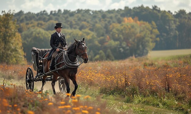 un cheval et une voiture voyagent à travers un champ avec une femme dessus