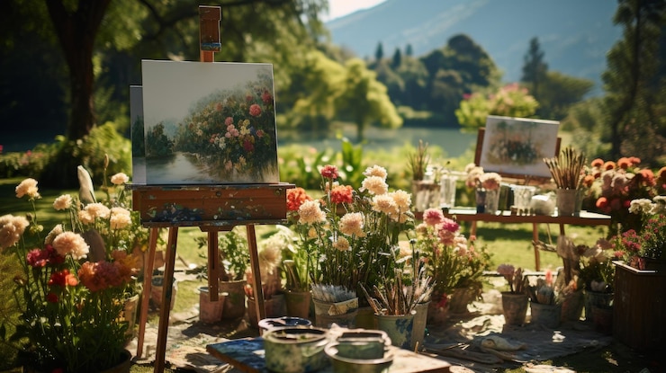 Photo un chevalet affichant une peinture vibrante à côté d'un bouquet de fleurs colorées