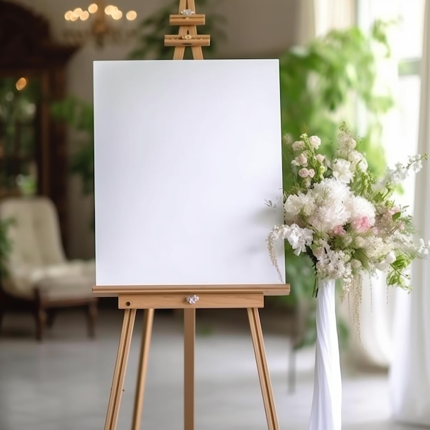 Chevalet avec une toile blanche et un bouquet de fleurs sur fond blanc