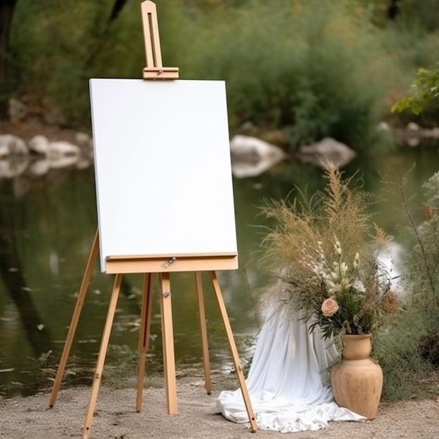 Photo chevalet avec une toile et des fleurs dessus