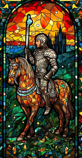 Un chevalier en armure brillante Une illustration d'un ancien paladin mythique dans un vitrail Renaissance Fresco Style AI Generative