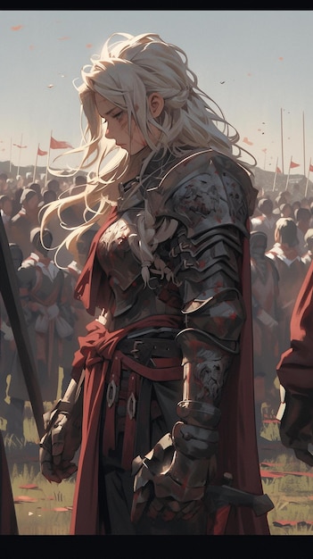 Un chevalier en armure complète avec une épée et un drapeau en arrière-plan.