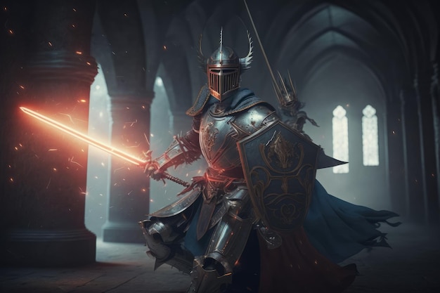 Chevalier en armure avec épée dans un château sombre Scène médiévale fantastique Illustration IA générative