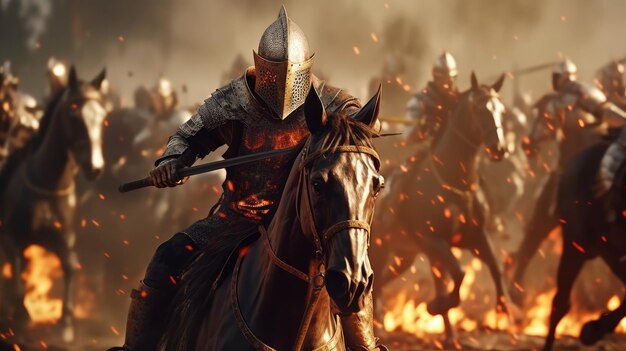 Photo chevalier de cavalerie médiéval avec le feu
