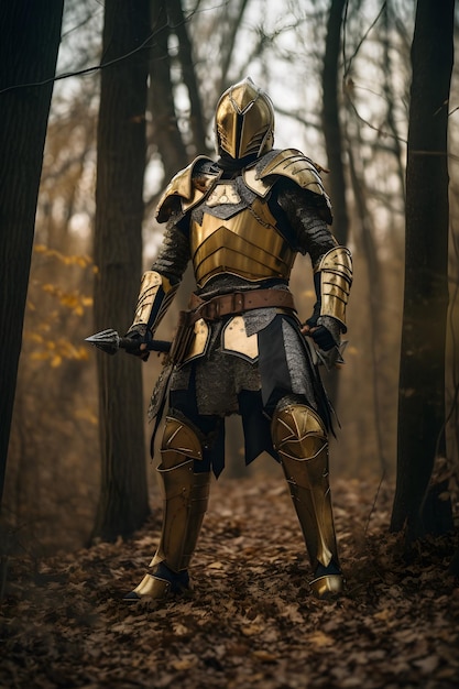 Un chevalier dans une armure d'or se tient dans une forêt