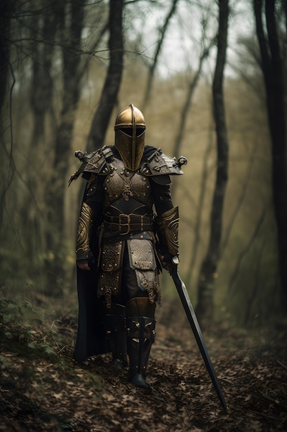 Un chevalier dans une forêt avec une épée