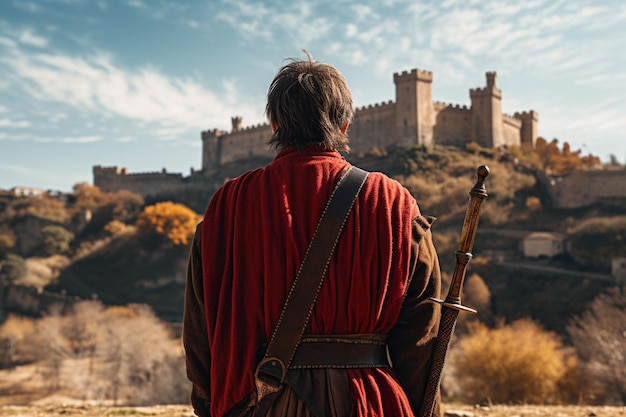 Chevalier debout avec une épée sur le fond d'un château médiéval