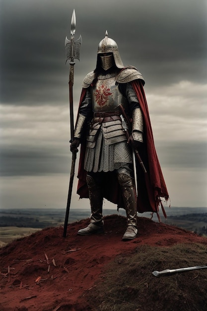 Chevalier avec l'épée sur le champ de bataille avec des nuages sombres Sang sanglant et douleur de la guerre