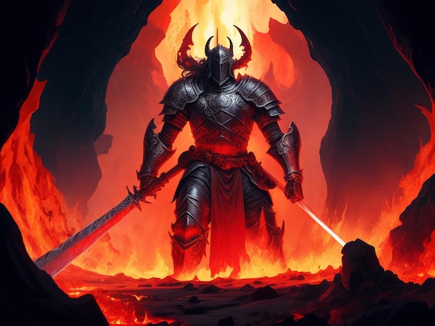 Photo chevalier avec une épée face au démon de lave en enfer peinture d'illustration de style artistique numérique