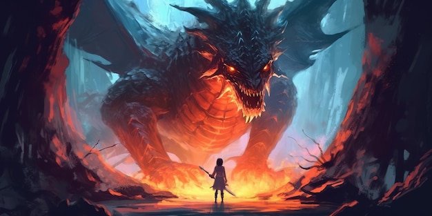 Chevalier avec l'épée légère debout près du dragon de feu géant peinture d'illustration de style artistique numérique