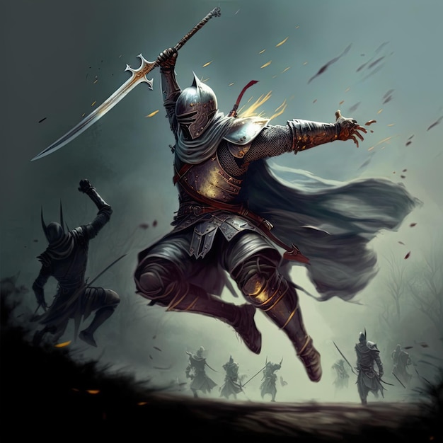 un chevalier avec une épée à la main vole dans les airs