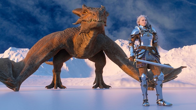 Le chevalier guerrier aux cheveux blancs se dresse avec une épée tirée et un dragon derrière sur fond de montagnes enneigées Scène d'illustration fantastique Animation CGI rendu 3d