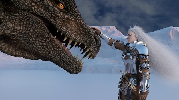 Chevalier guerrière aux cheveux blancs caressant le dragon sur fond de montagnes enneigées scène d'œuvres d'art fantastique animation CGI rendu 3d