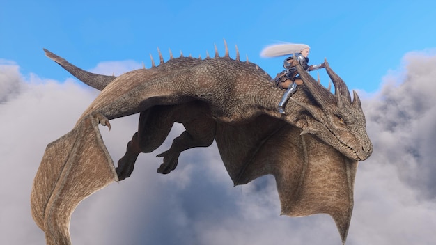 Chevalier guerrière aux cheveux blancs vole sur un dragon au-dessus des nuages Scène d'illustration fantastique rendu 3d d'animation CGI