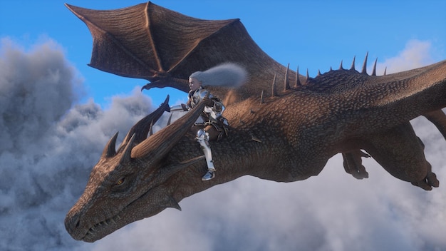 Chevalier guerrière aux cheveux blancs vole sur un dragon au-dessus des nuages Scène d'illustration fantastique rendu 3d d'animation CGI