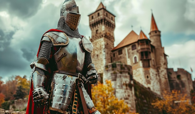 Un chevalier médiéval en armure devant un ancien château.