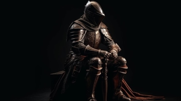 Chevalier médiéval assis sur un trône dans le noir Fantasy période médiévalegénérative ai
