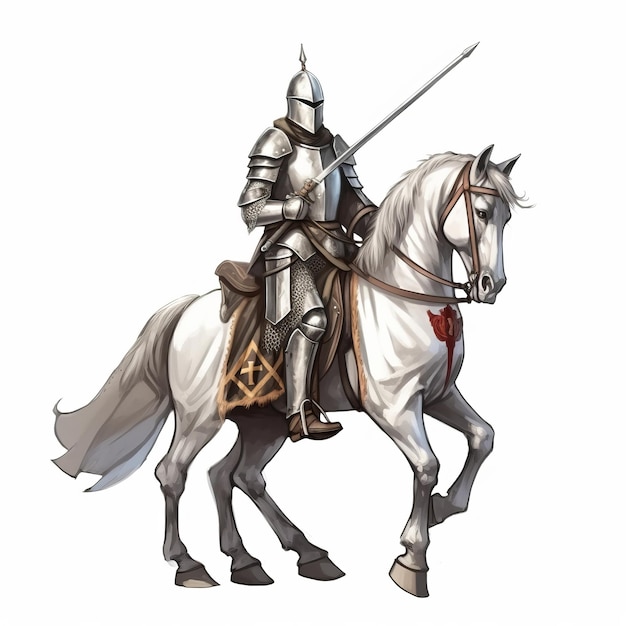 Chevalier médiéval sur cheval blanc isolé