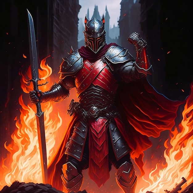 Un chevalier médiéval musclé portant un uniforme de guerre levant la main et agitant son épée