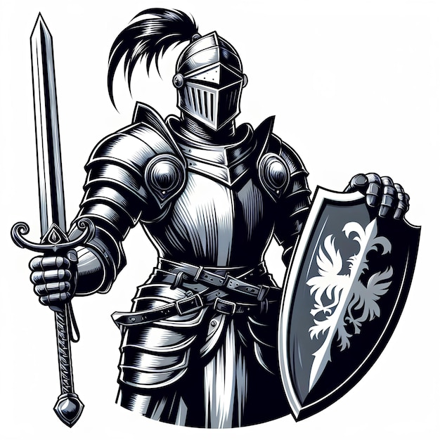 Chevalier de métal tenant une épée et un bouclier dans le style vectoriel