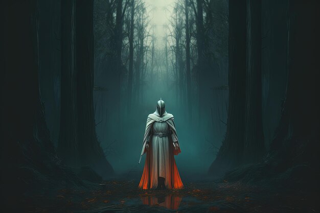 Photo chevalier paladin forêt sombre en arrière-plan concept de fantasy médiéval ia générative