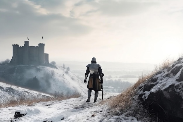 Chevalier regardant le château sur la colline au paysage d'hiver générative ai